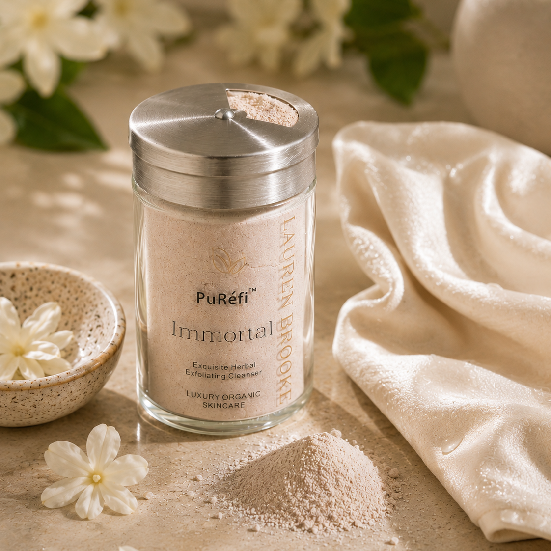 A glass jar of PuRifi Immortal Luxury Organic Anti-Aging Exfoliating Scrub with a silver lid, styled on a beige surface with a small pile of the pinkish-beige scrub, white flowers, and a cream-colored towel.