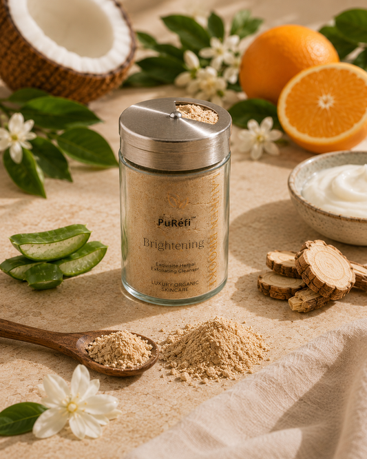 A glass jar of Purfi Skin Brightening Exfoliating Cleanser with a silver lid, styled on a beige fabric background with ingredients like aloe vera, sweet orange, slippery elm bark, coconut milk, and a spoon of the beige powder.