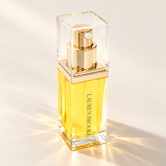 Lauren Brooke Organic Immortal Radiance Serum in a clear rectangular bottle with a gold pump