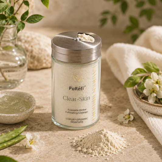 A glass jar of PuRéfi Clear-Skin Exfoliating Cleanser for Acne-Prone skin with a silver lid, styled on a beige stone surface with a small pile of the cream-colored powder, white flowers, and green leaves.