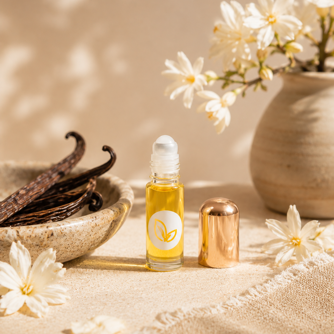 A small glass roller bottle filled with golden yellow botanical vanilla fragrance oil stands on a beige fabric surface beside a metallic rose-gold cap. The bottle has a white label with a yellow Lauren Brooke leaf logo.