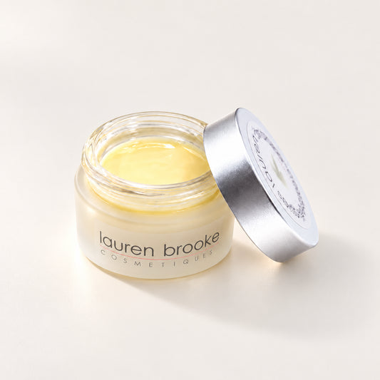 Lauren Brooke Acai & Pomegranate Anti-Aging Masque in an open frosted jar with a silver lid