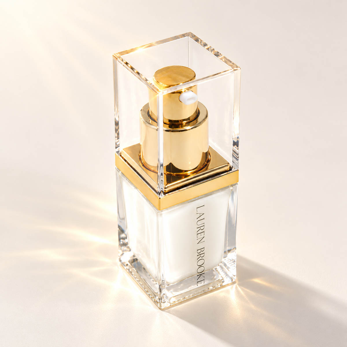 Lauren Brooke Clear Skin Oil-Free Primer in a clear bottle with a gold pump and transparent cap