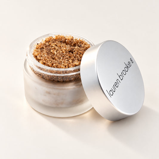Lauren Brooke Organic Rejuvenating Coffee Scrub in an open frosted jar with a silver lid