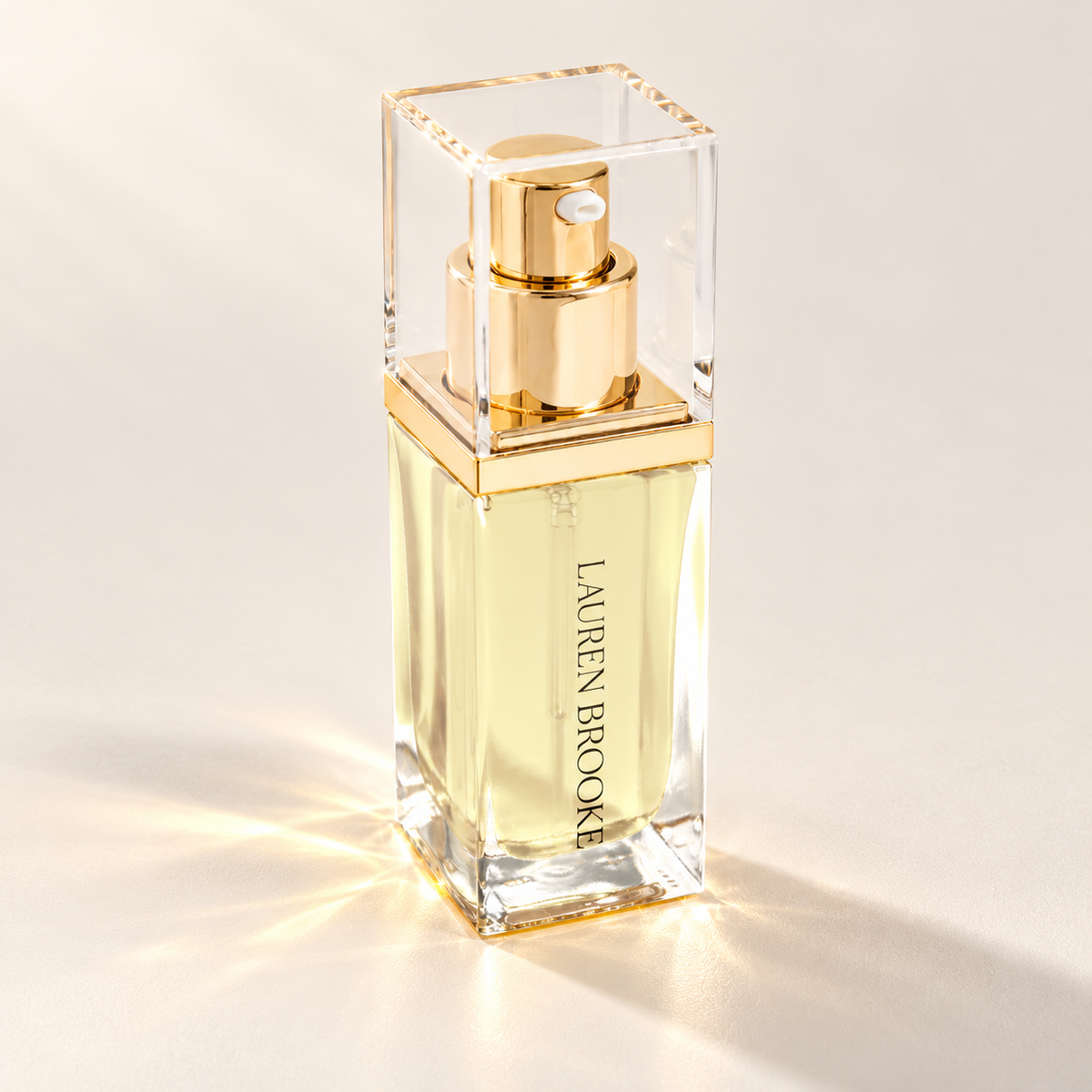 Lauren Brooke Organically Clear Serum in a rectangular clear bottle with a gold pump