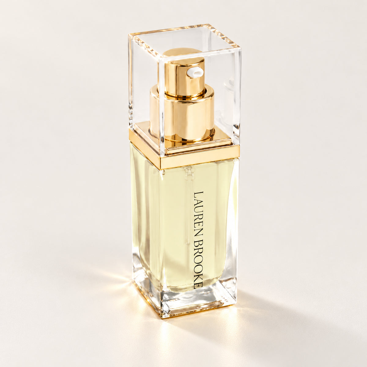 Lauren Brooke Organically Clear Serum in a rectangular clear bottle with a gold pump