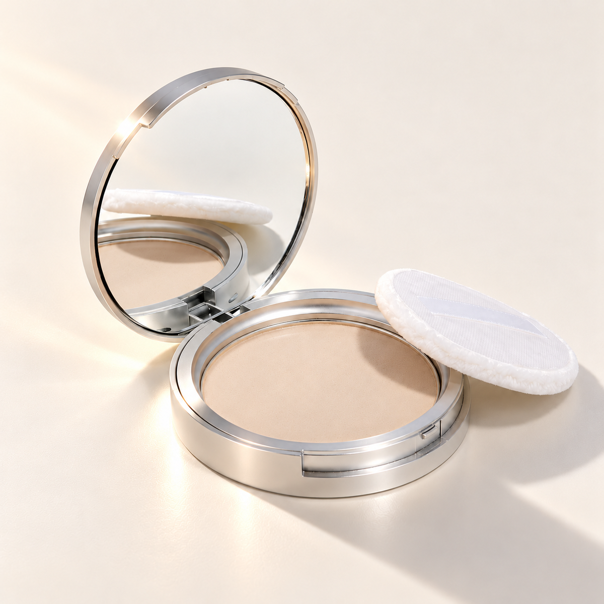 Lauren Brooke Pressed Foundation in an open silver mirrored compact with a white powder puff