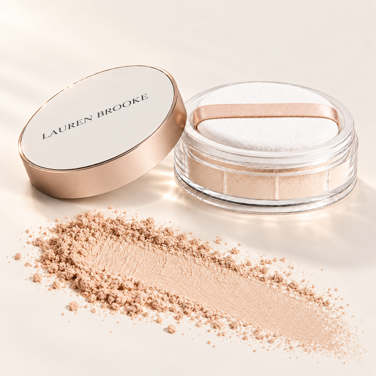 Lauren Brooke Silk Veil powder in Light, with powder swatch and pictured 13 g packaging