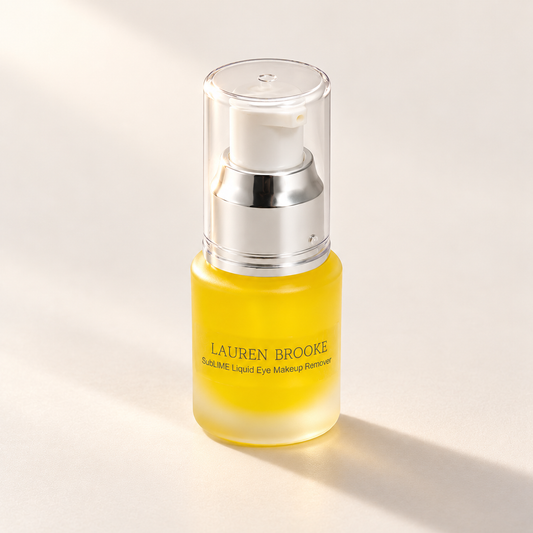 Lauren Brooke SubLIME Liquid Eye Makeup Remover in a frosted bottle with a silver and white pump