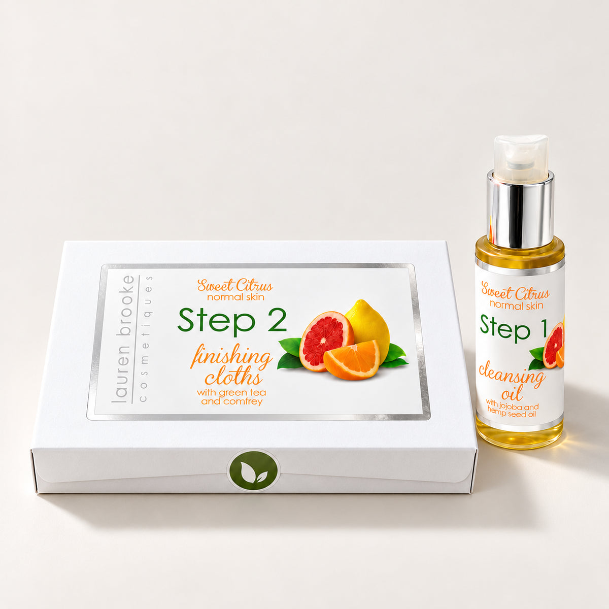 Lauren Brooke Cosmetiques Two Step Cleansing System Revitalizing Sweet Citrus with cleansing oil and finishing cloths
